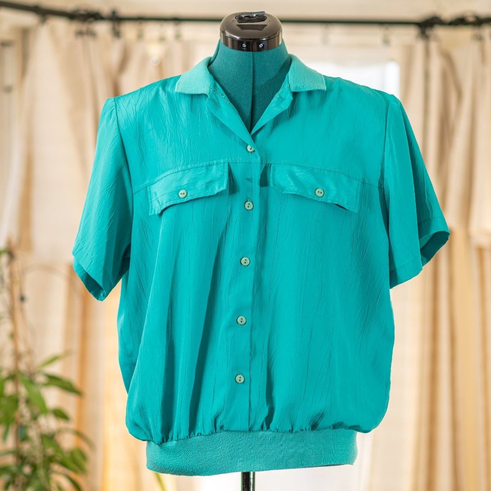 Vintage 1980s Teal Button Up Short Sleeve Blouse with Collar